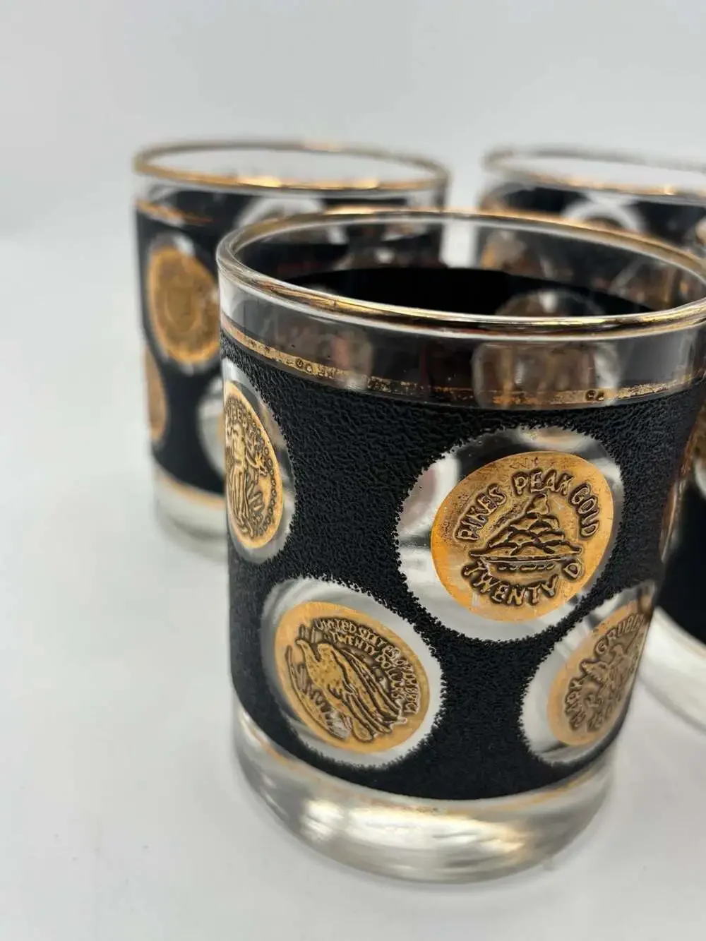 Vintage Libbey Mid-Century Black Textured Gold Coin 10 oz Highball Glasses, Set